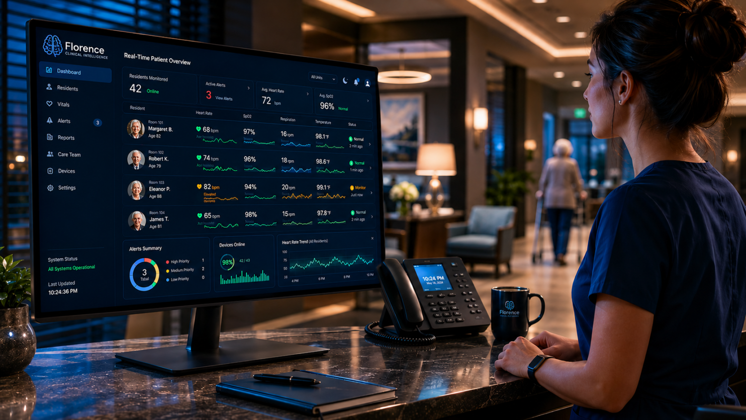 Modern assisted living facility nurse station at night featuring a sleek medical dashboard monitor displaying real-time patient vitals and telemetry data with the Florence Clinical Intelligence logo. A healthcare professional calmly monitors the system in a warm, upscale hallway environment with cinematic lighting, deep blue and charcoal tones, and a premium enterprise healthcare aesthetic.